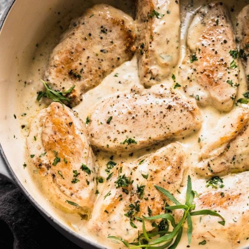 Pork and cream sauce in large sauce pan.