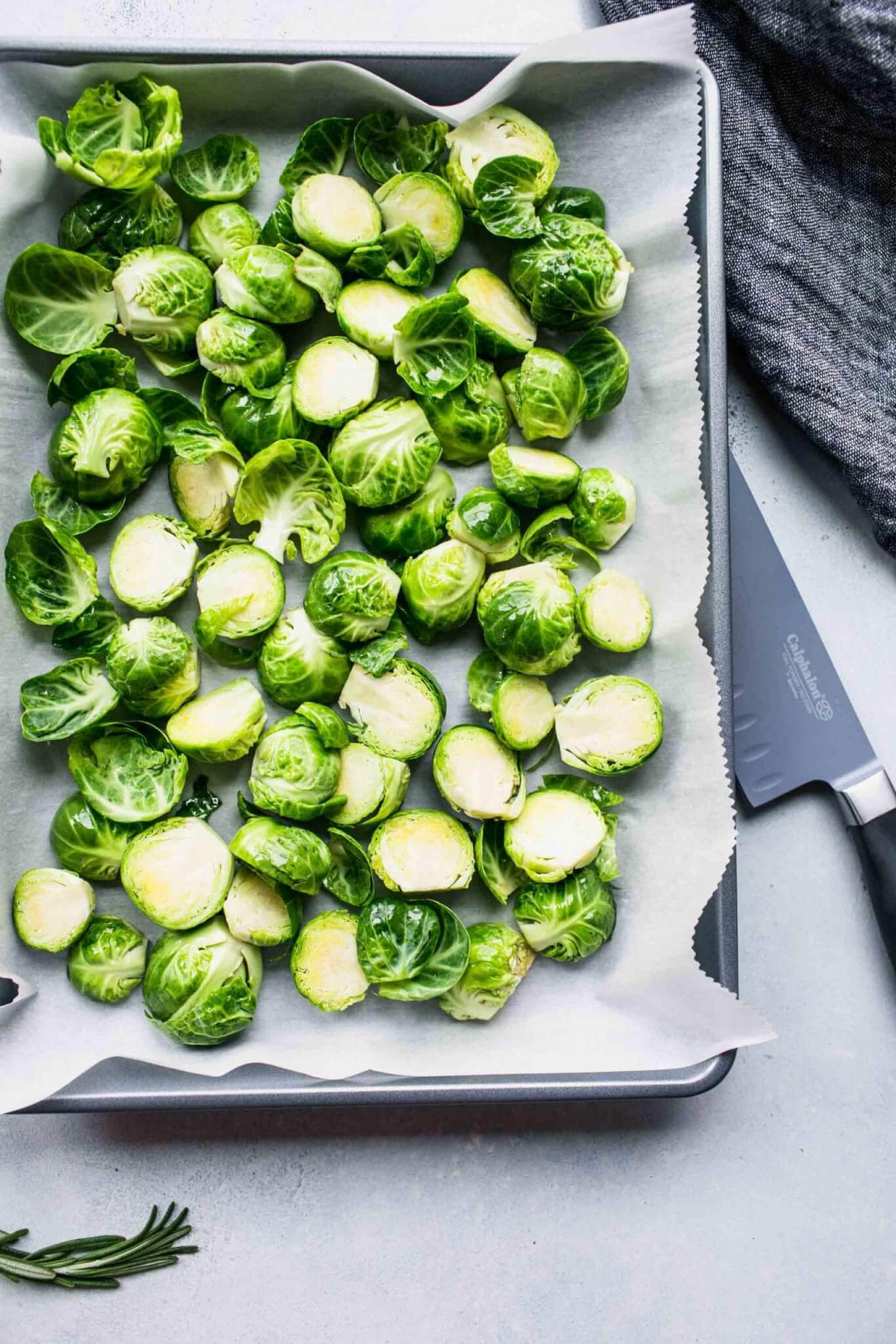 Brussel sprouts on roasting pan.