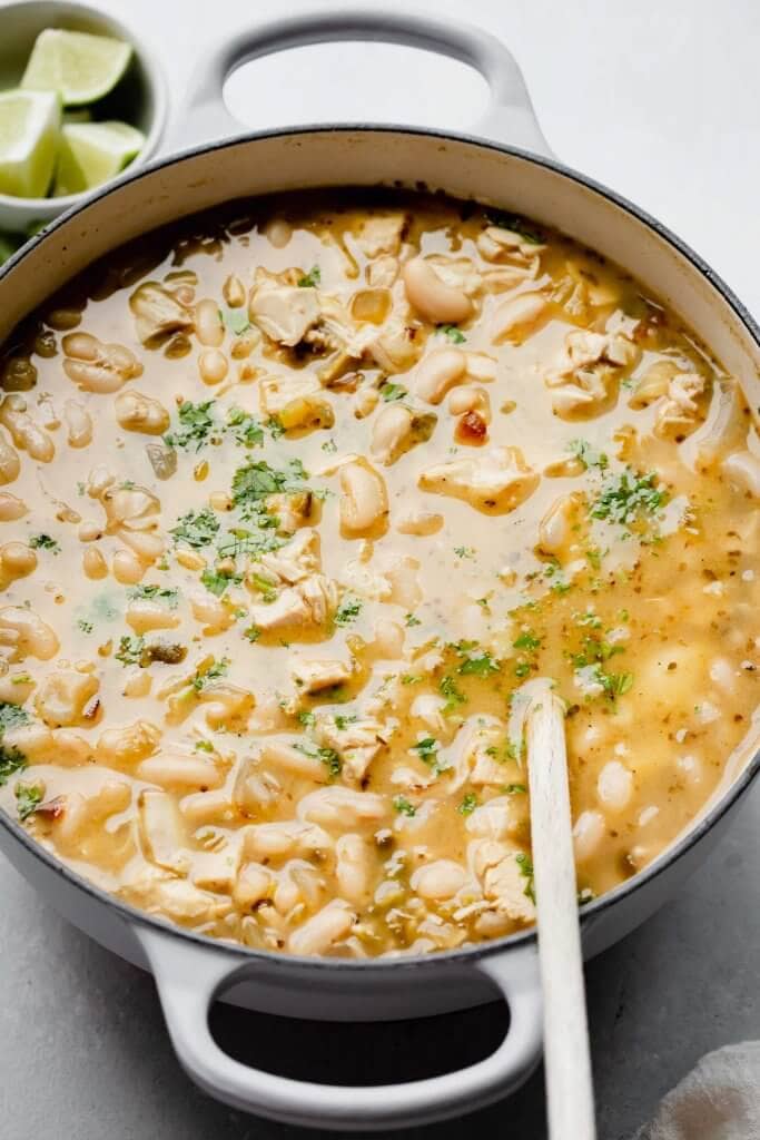 Chicken chili in large pot with spoon.