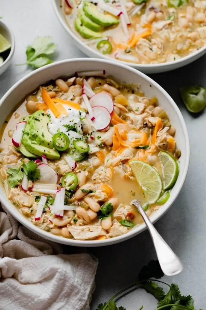 Side view of white bean chili. 