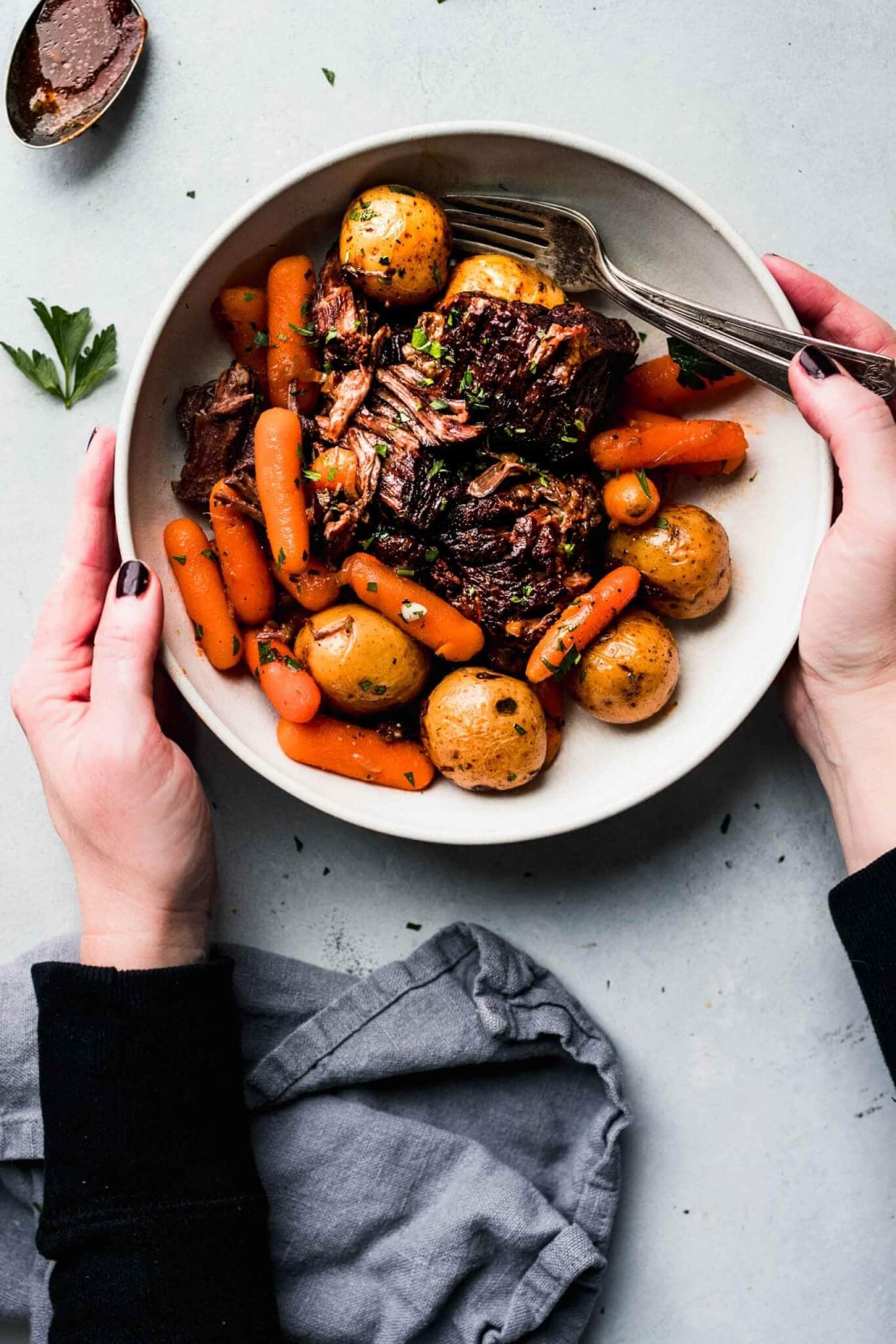 Hands holding bowl of pot roast and vegetables