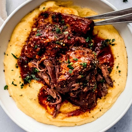 short ribs and mashed potatoes in white bowl