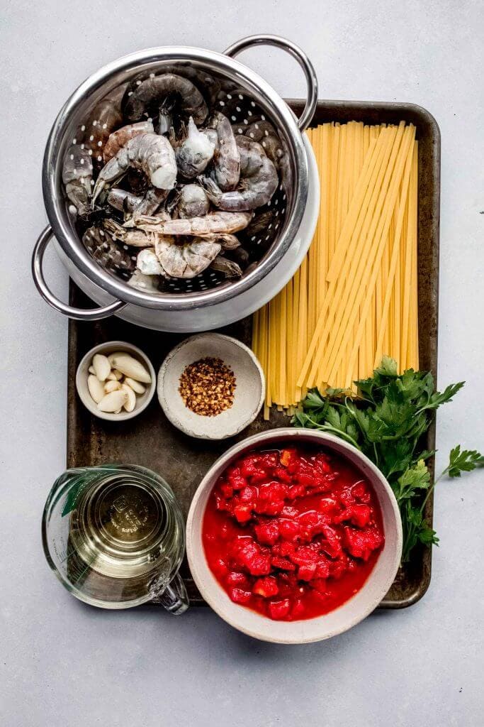 Ingredients for shrimp fra diavolo on tray. 