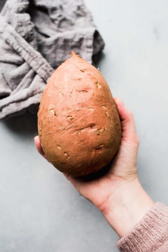 Hand holding sweet potato.