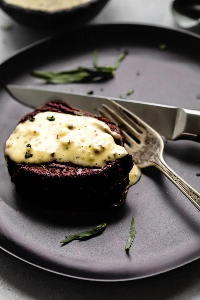 Steak topped with bearnaise. 