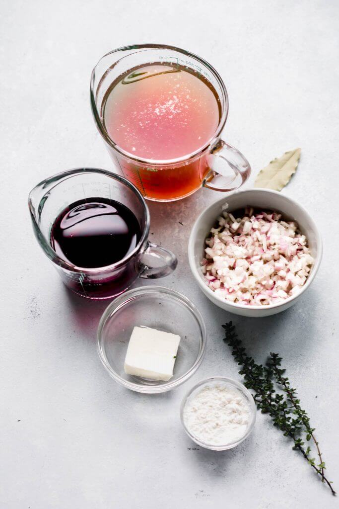 Ingredients for bordelaise sauce on counter.