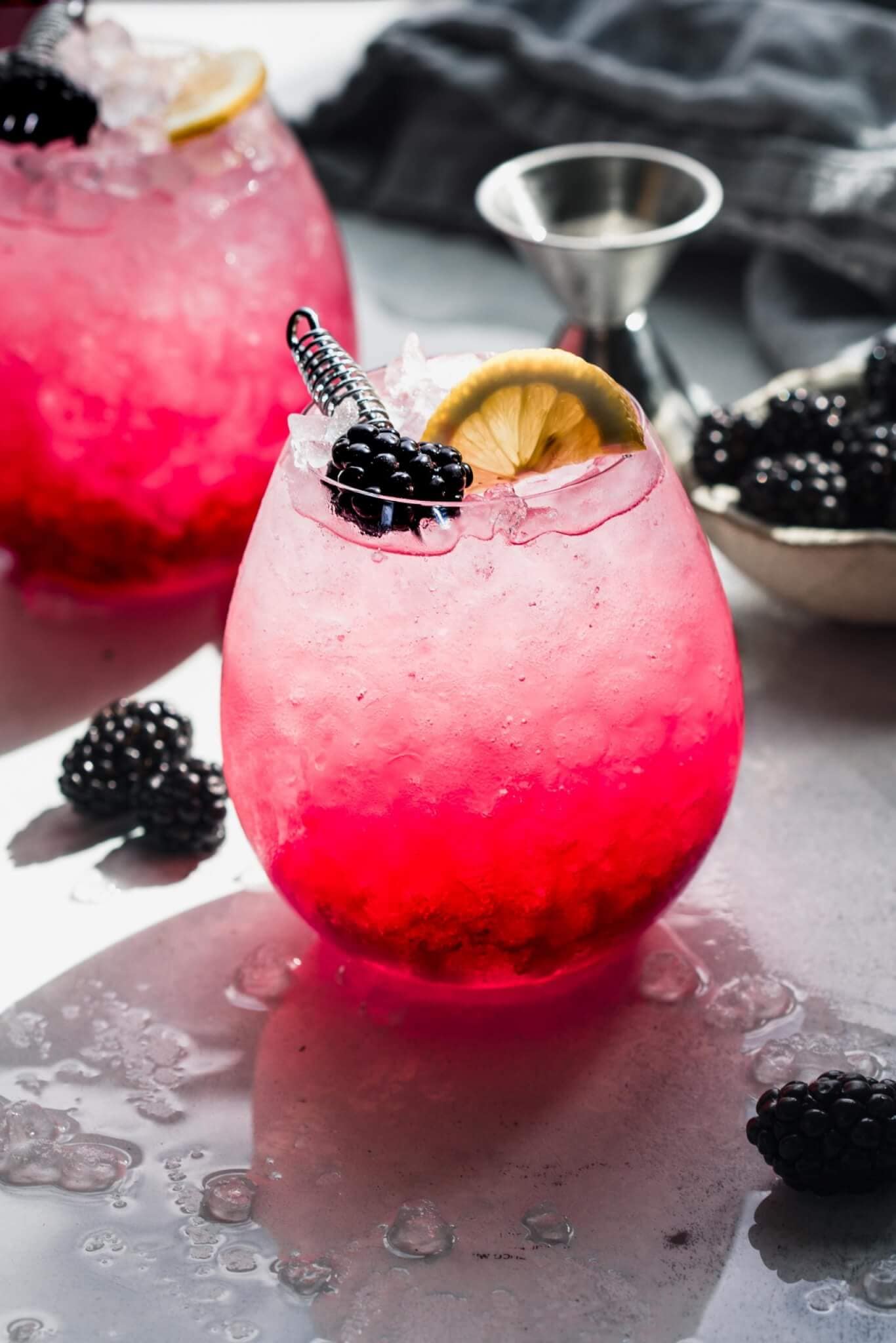 Side view of bramble cocktail garnished with lemon and blackberry.