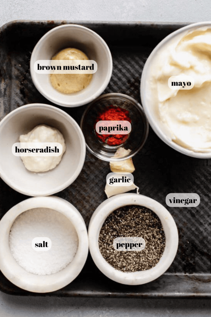 Ingredients for white bbq sauce labeled on counter.