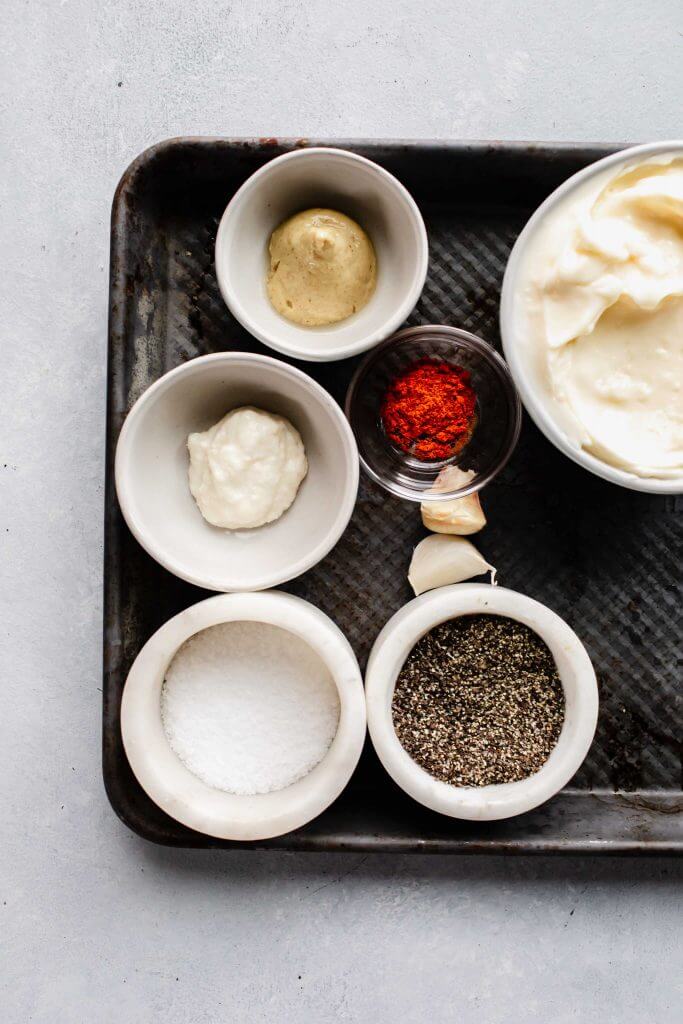 Ingredients for white bbq sauce on tray.