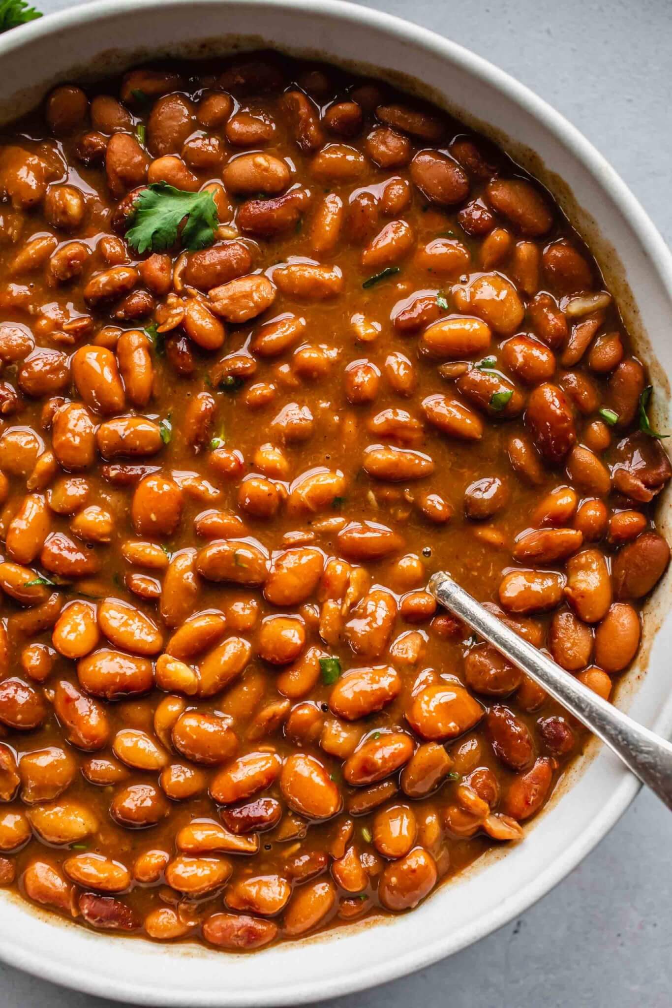 Overhead close up of pinto beans in white bowl with spoon.