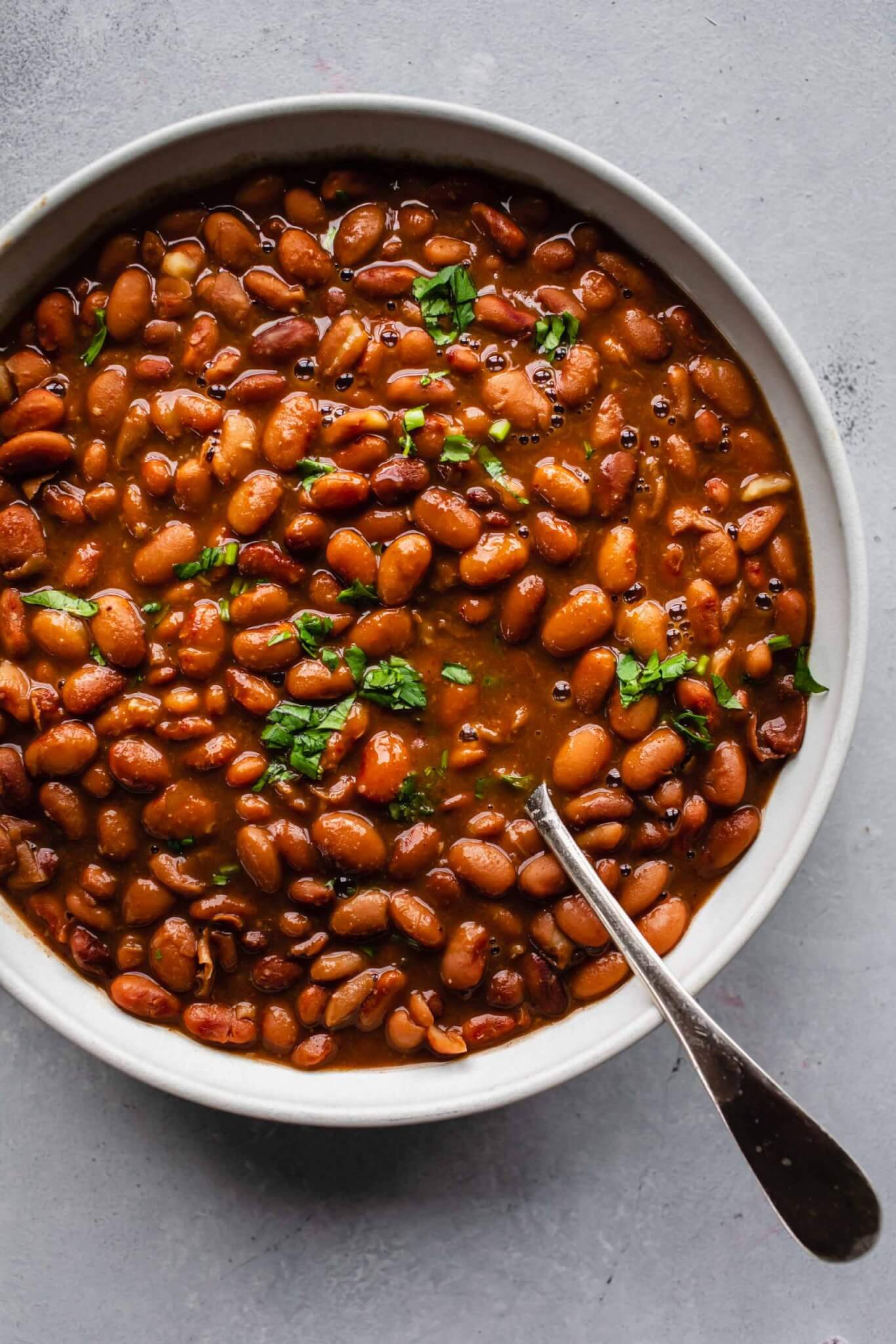 Bowl of seasoned pinto beans topped with cilantro.