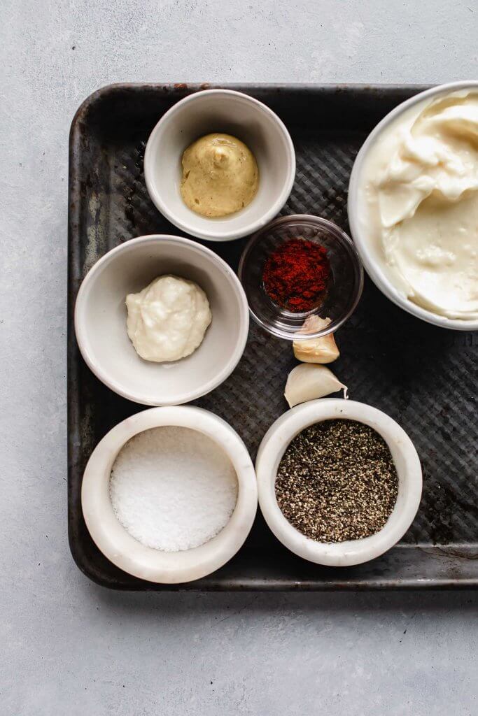 Ingredients for white bbq sauce on tray.