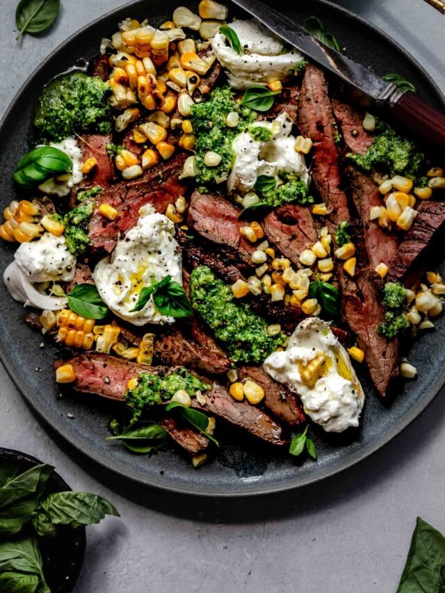 Marinated Flank Steak with Burrata Cheese & Pesto