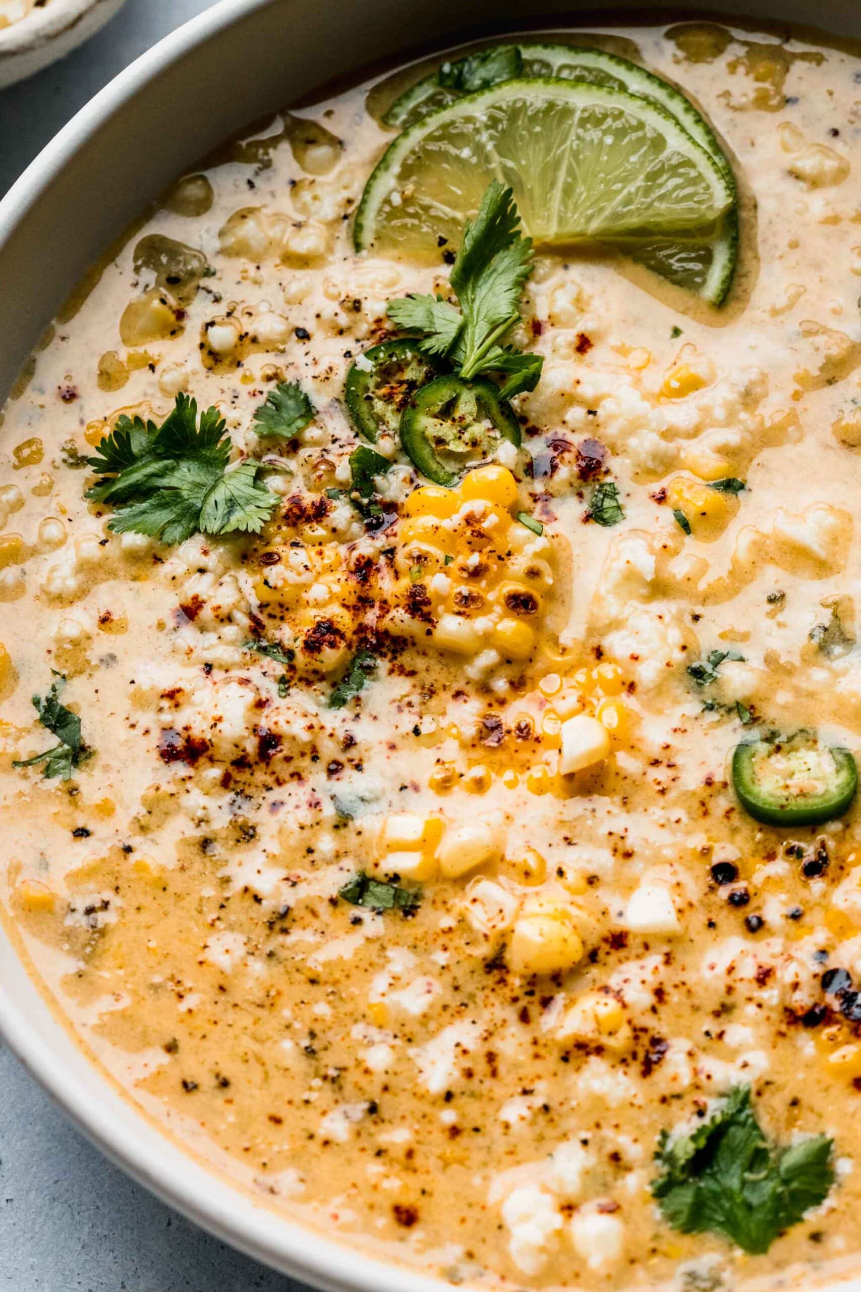 Close up of bowl of mexican street corn soup.