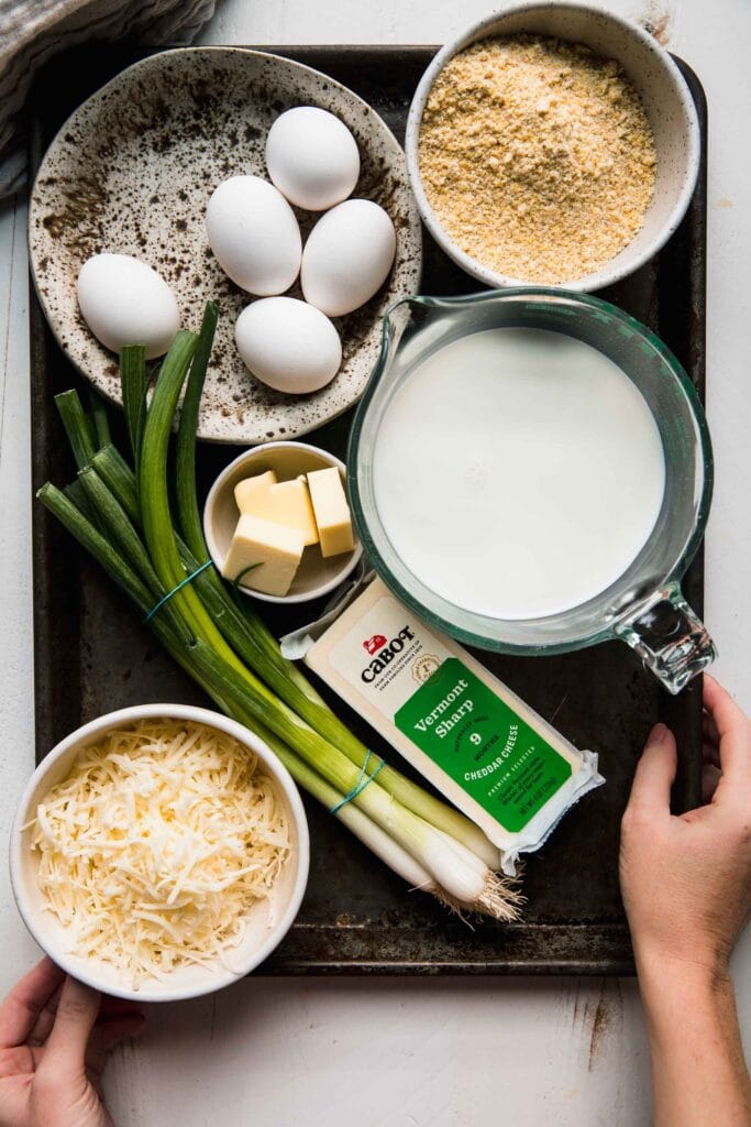 Ingredients for spoonbread on tray. 