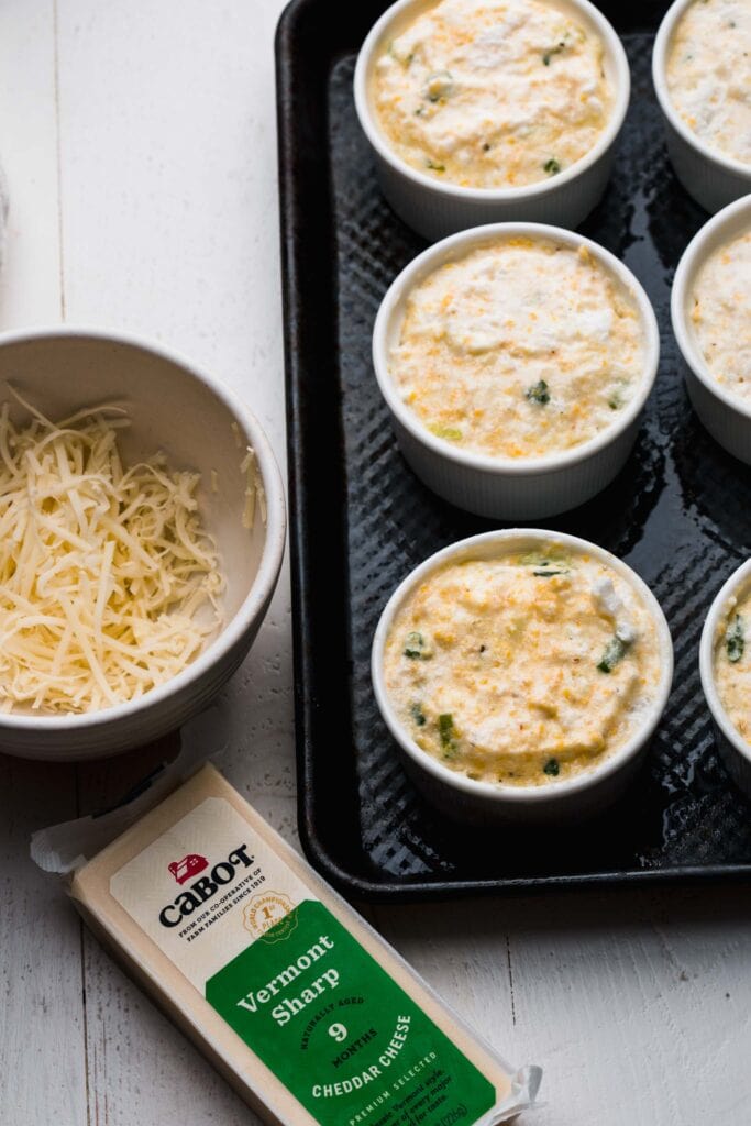 Unbaked spoonbread in ramekins. 