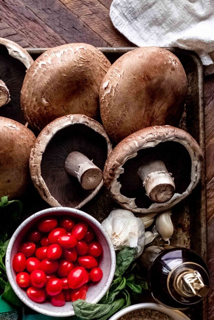 Ingredients for mushroom parmesan on counter. 