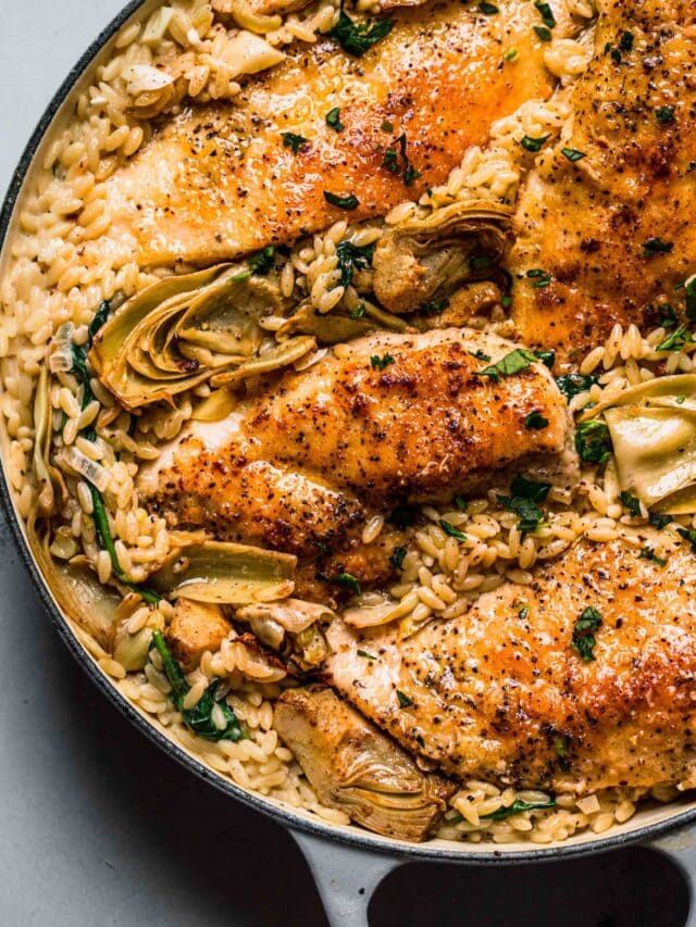 Creamy Orzo with Chicken, Spinach + Artichokes