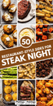 COLLAGE OF SIDES FOR STEAK WITH TEXT OVERLAY.