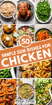 COLLAGE OF SIDES FOR CHICKEN WITH TEXT OVERLAY.