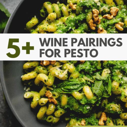 wine pairings for pesto text on picture of cooked pesto pasta.