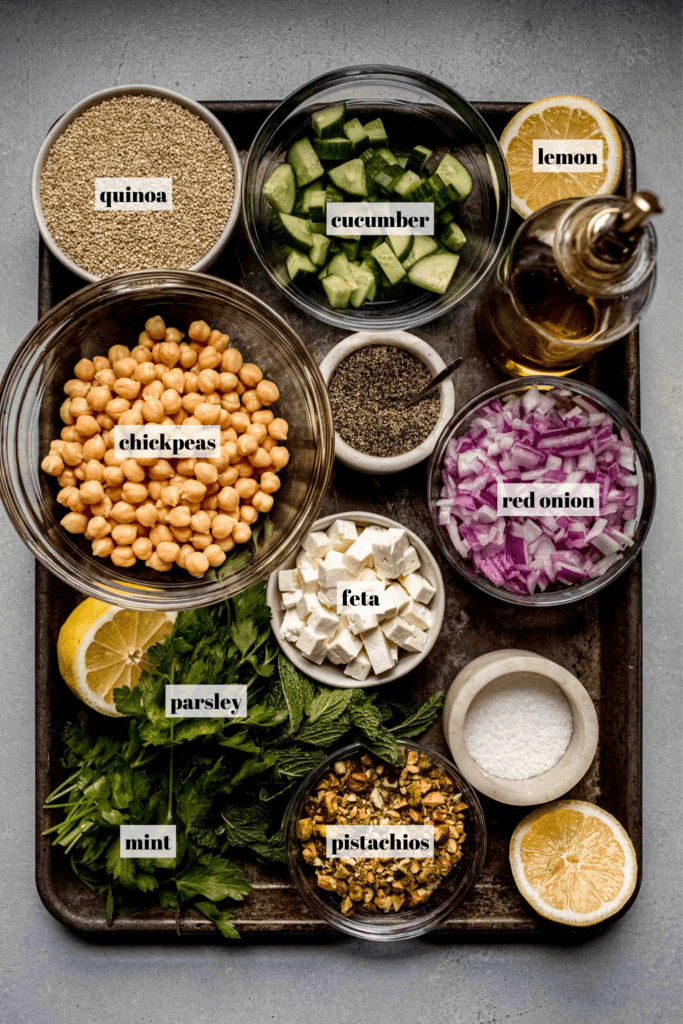 Ingredients for Jennifer Aniston Salad labeled on tray.