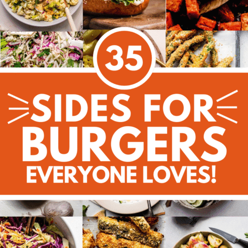 Collage of sides for burgers with text overlay.