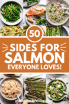 Collage of side dishes for salmon with text overlay.