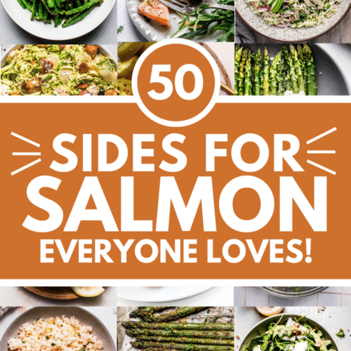 Collage of side dishes for salmon with text overlay.