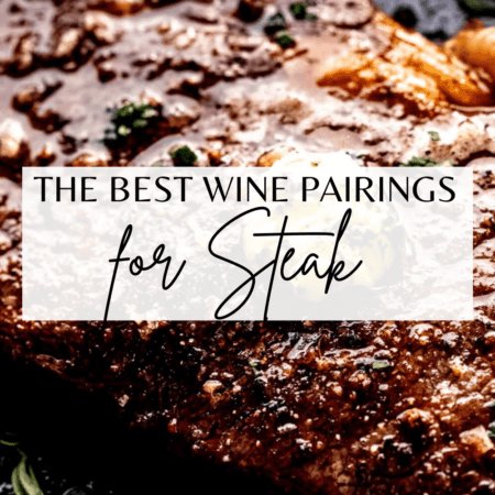 wine pairings for steak text on picture of cooked steak.