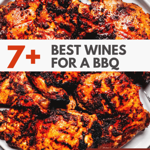 Wine pairings for BBQ text on picture of cooked BBQ ribs.