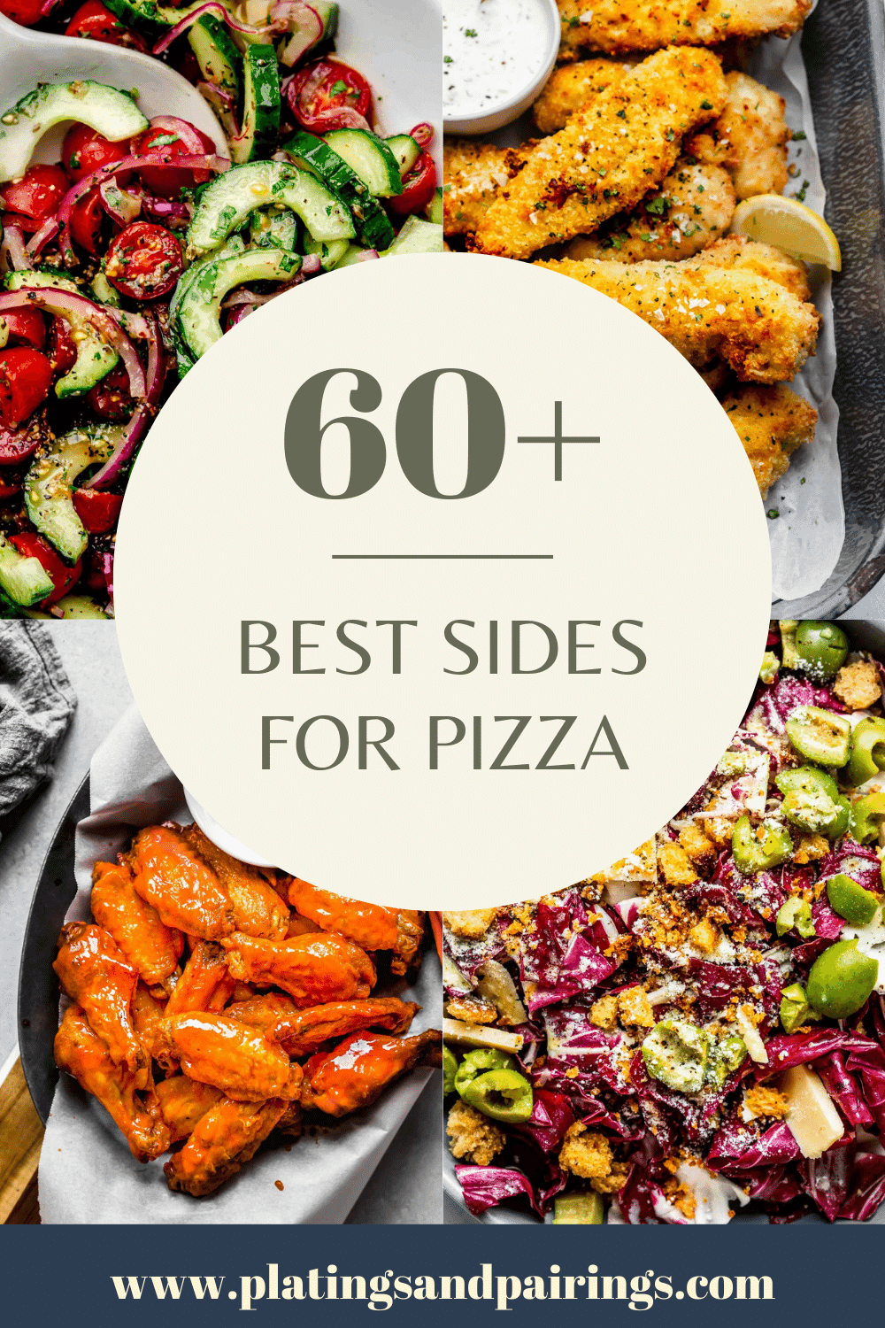 Collage of side dishes for pizza with text overlay.