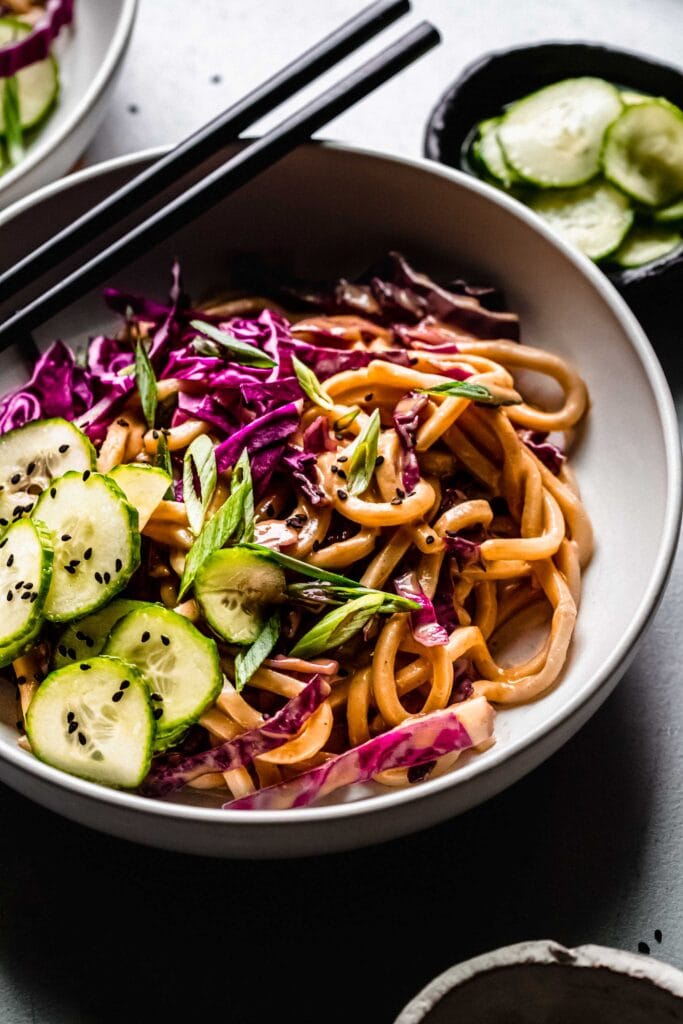 Side view of noodles in bowl. 