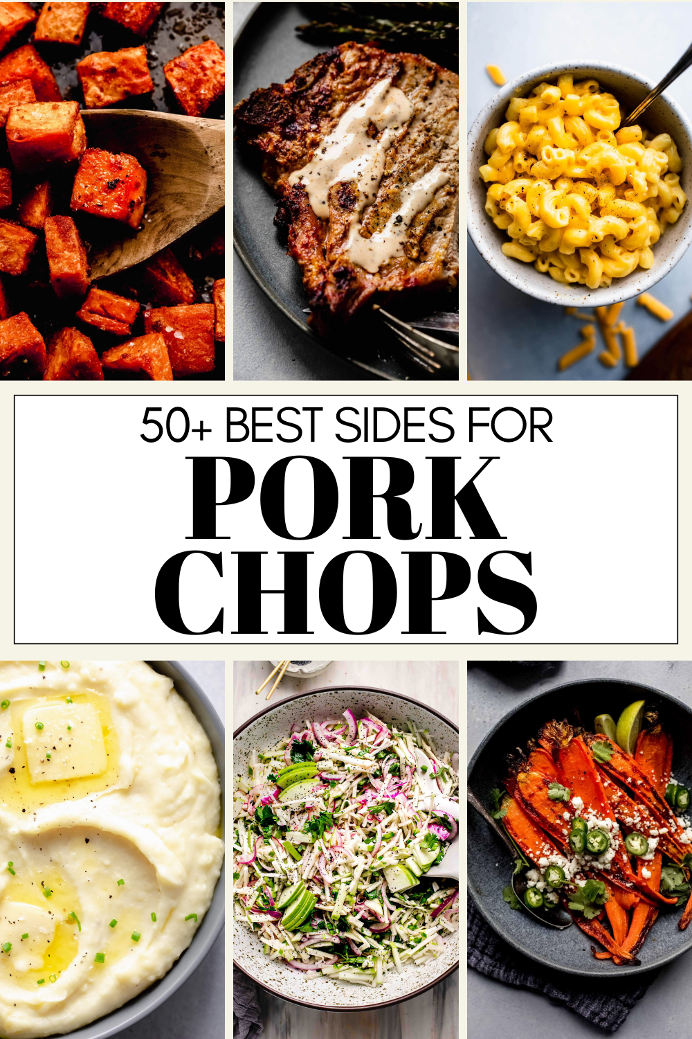 Collage of side dishes for pork chops with text overlay.
