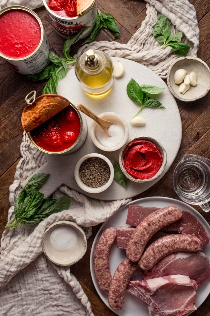 Ingredients for Sunday gravy on counter. 