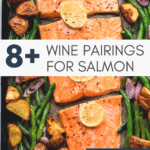Cooked Filet of salmon on baking sheet with text overlay.