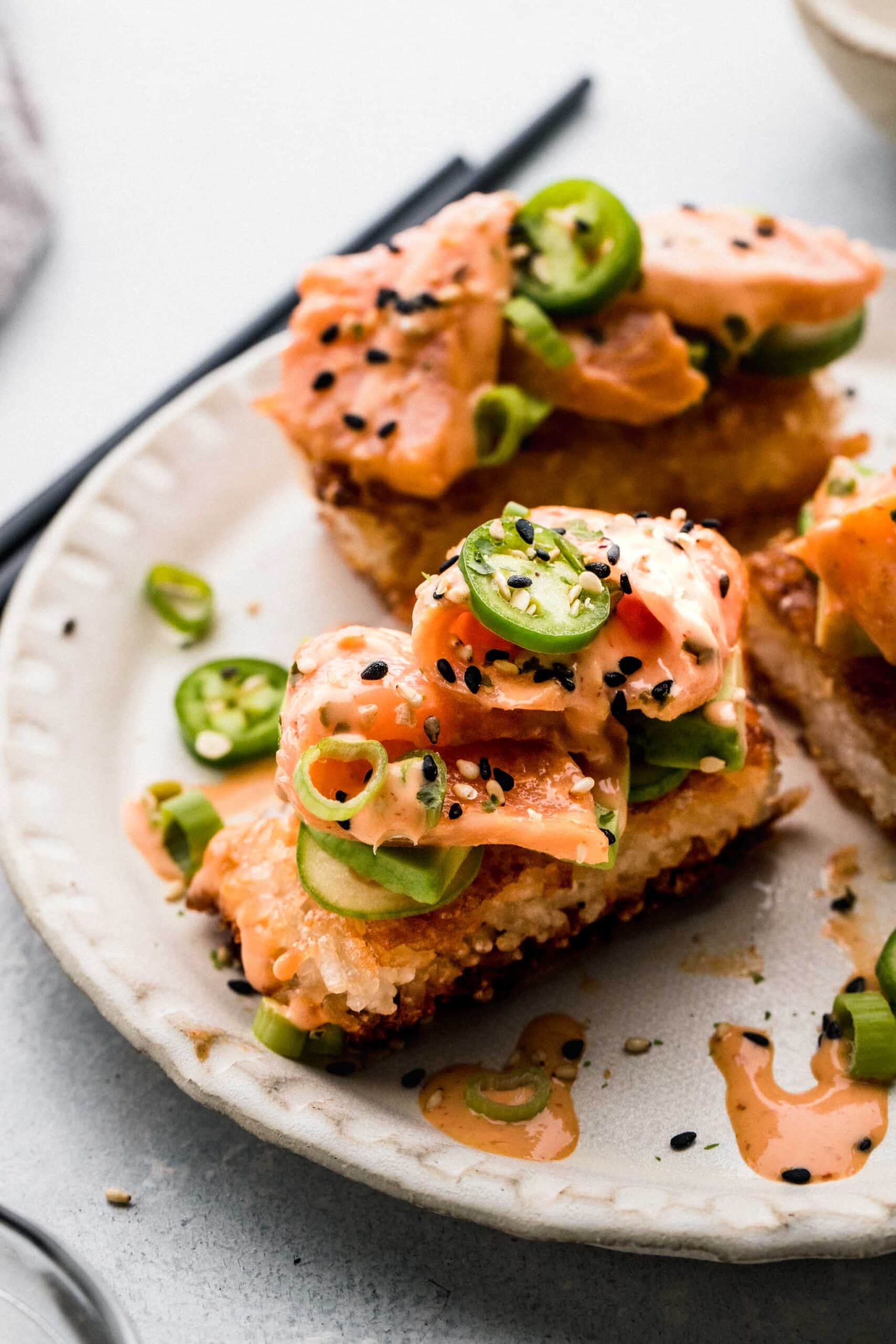 Crispy Rice Sushi Bites Recipe (Salmon Sushi Bites) - Platings + Pairings