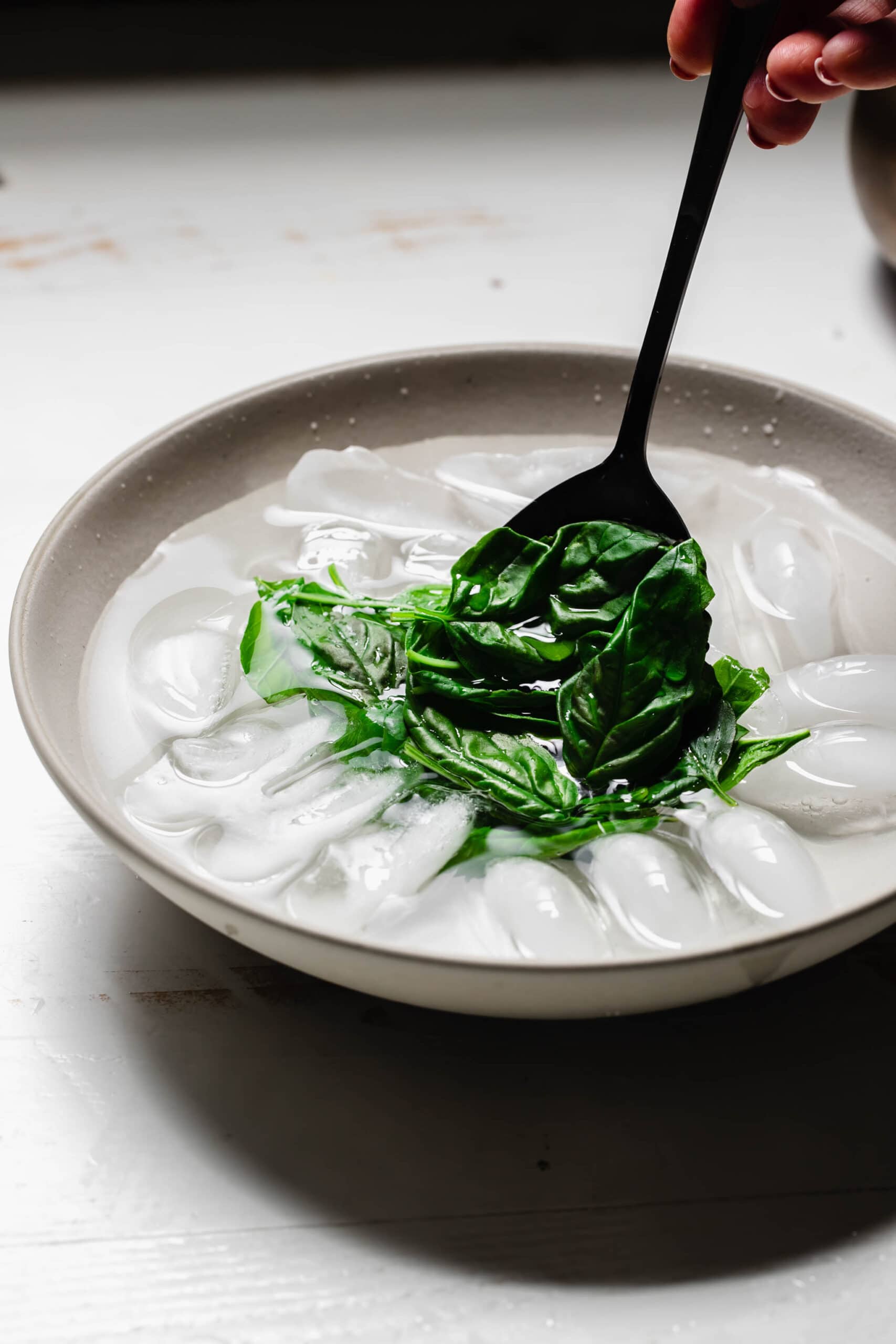 SPOON PLACING BASIL IN ICE BATH