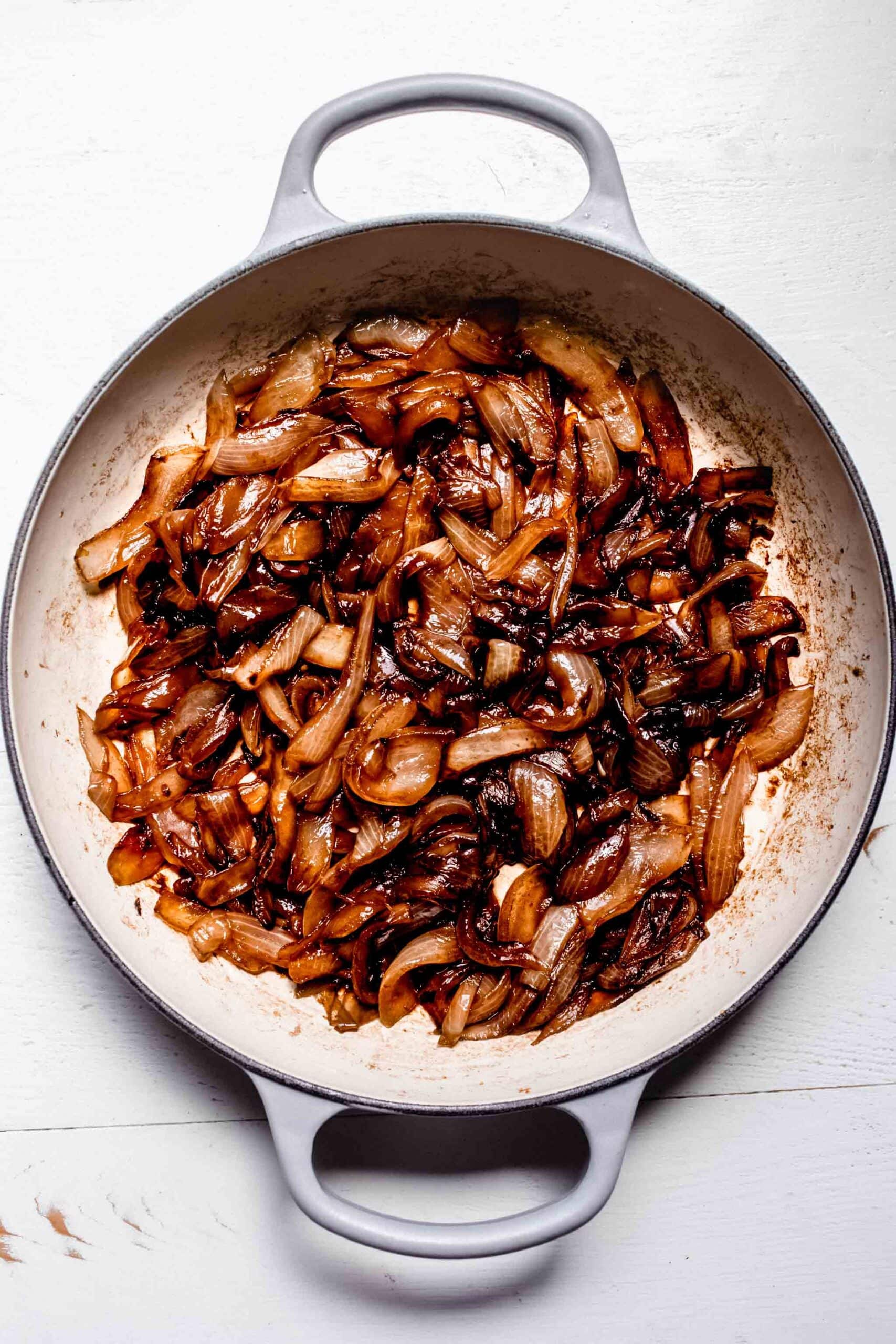 Caramelized onions in skillet. 
