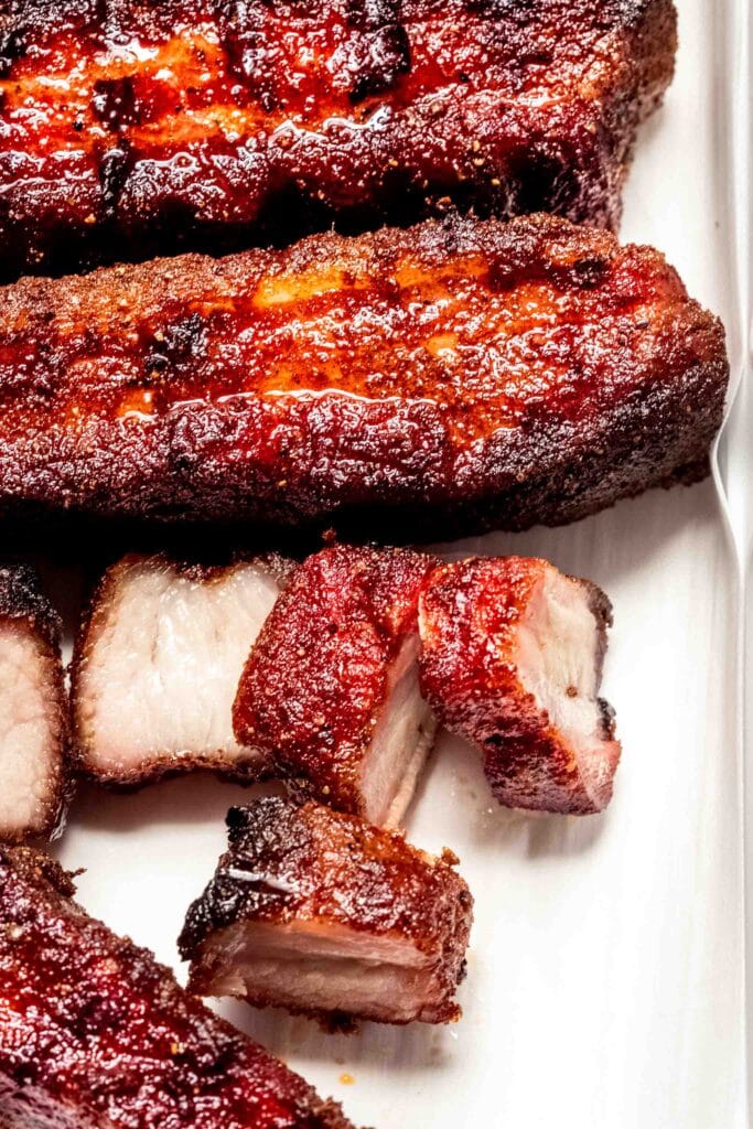 Cooked pork belly sliced into bite sized pieces. 