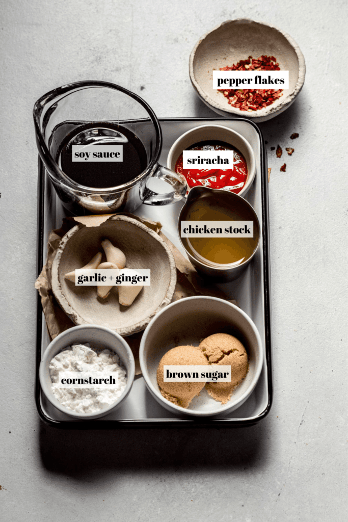 Ingredients for stir fry sauce labeled on tray. 