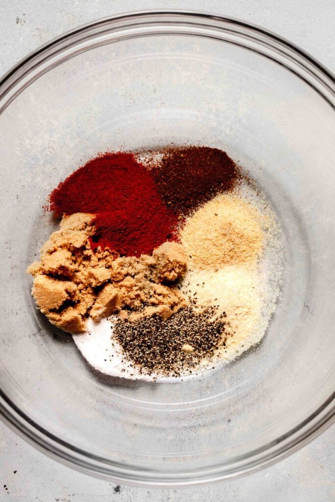 Spices for dry rub in bowl. 