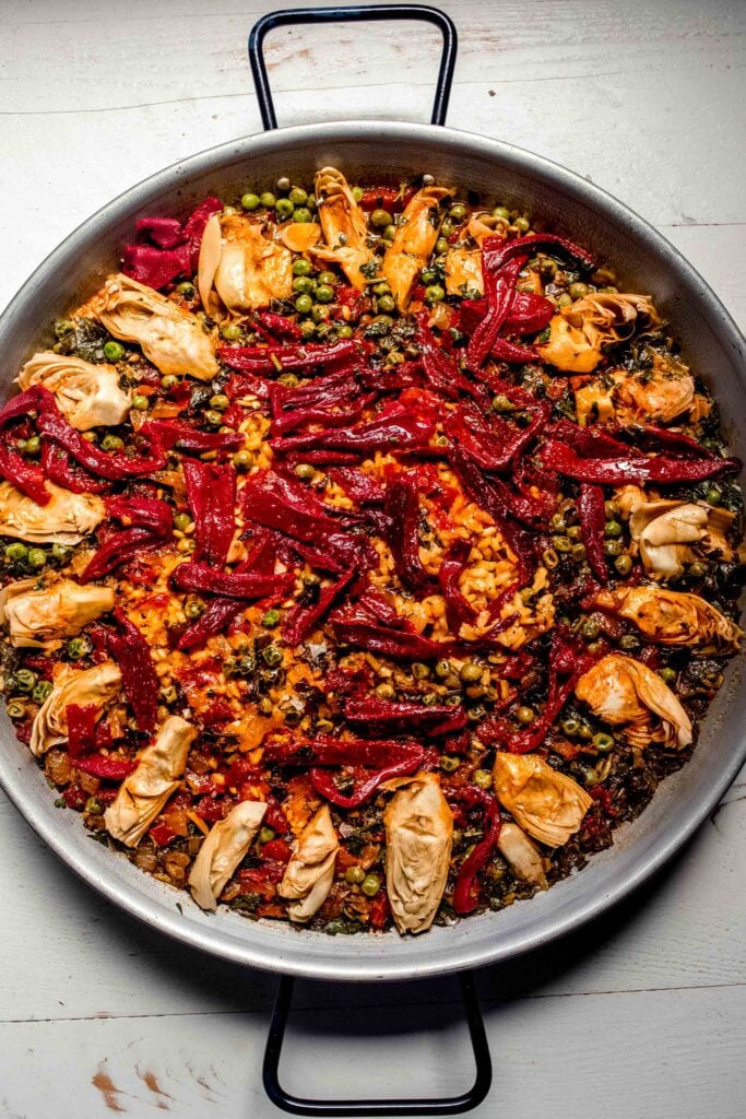 Finished paella in pan. 