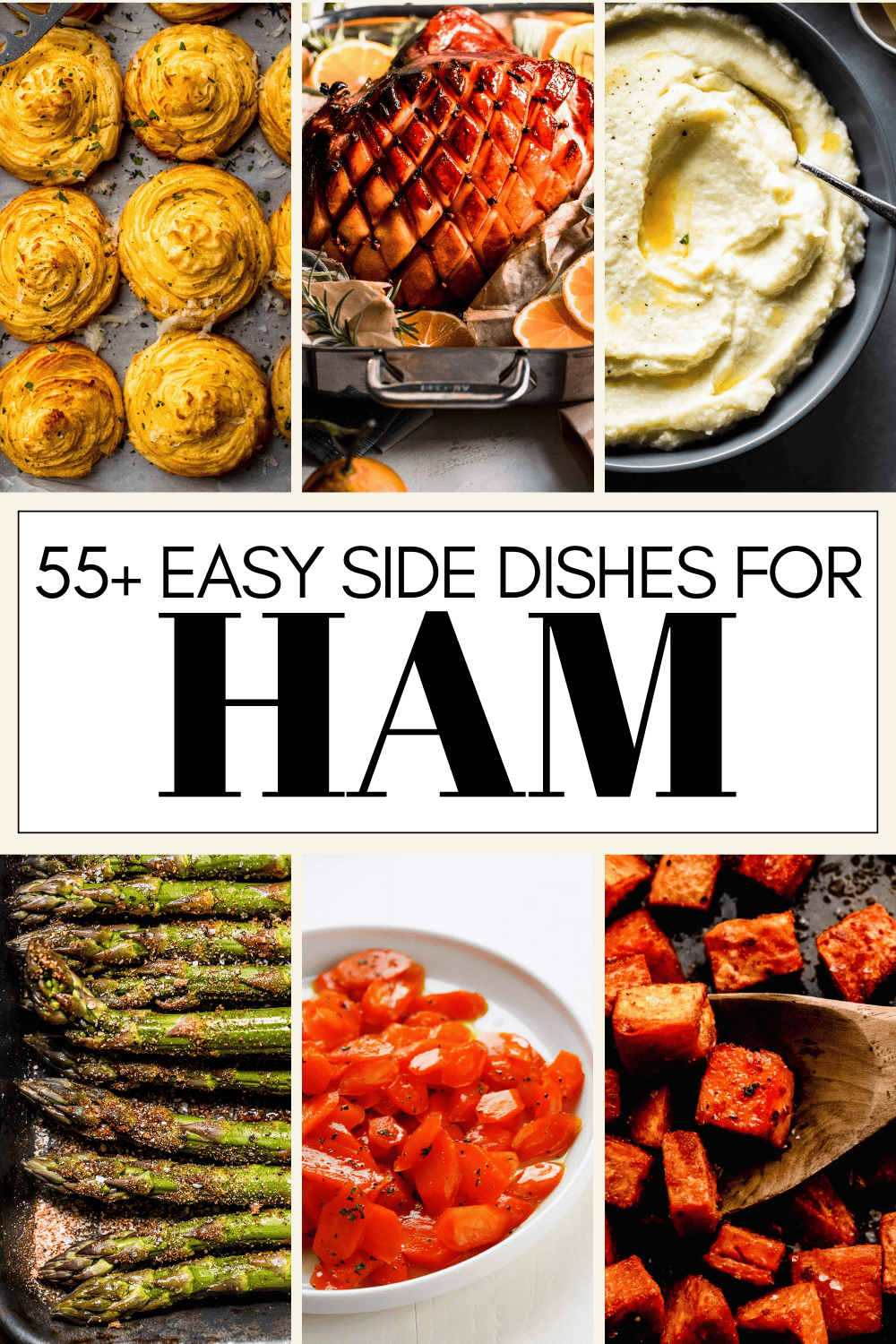Collage of side dishes for ham with text overlay.