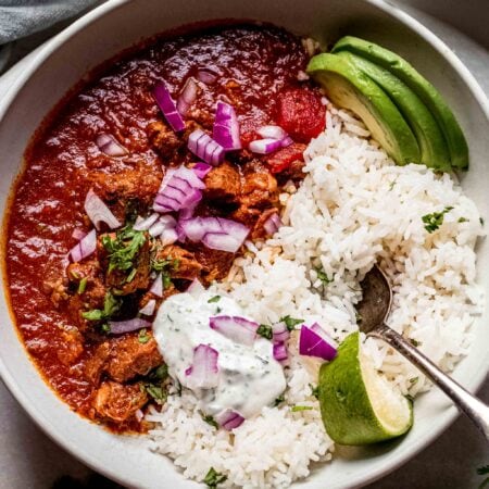 Overhead close up of bowl of lamb stew.