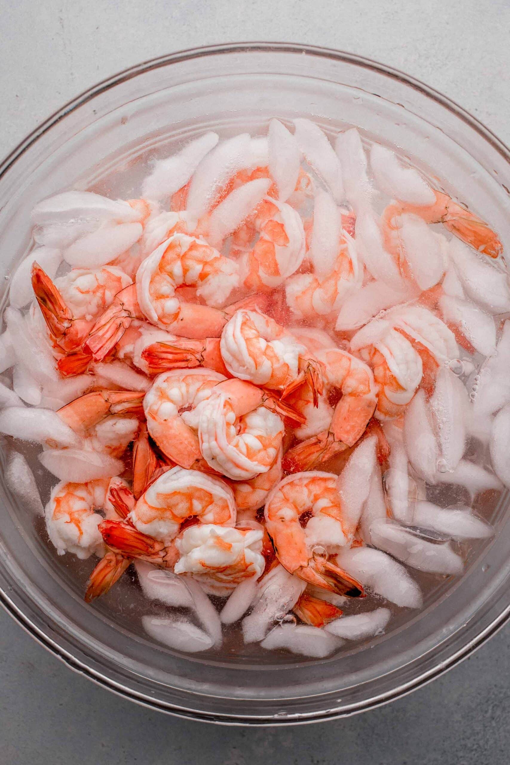 Boiled shrimp in ice bath.