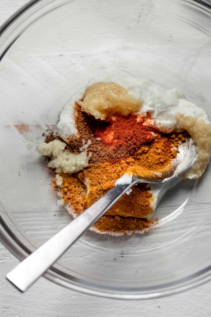 Shrimp marinade ingredients in bowl.