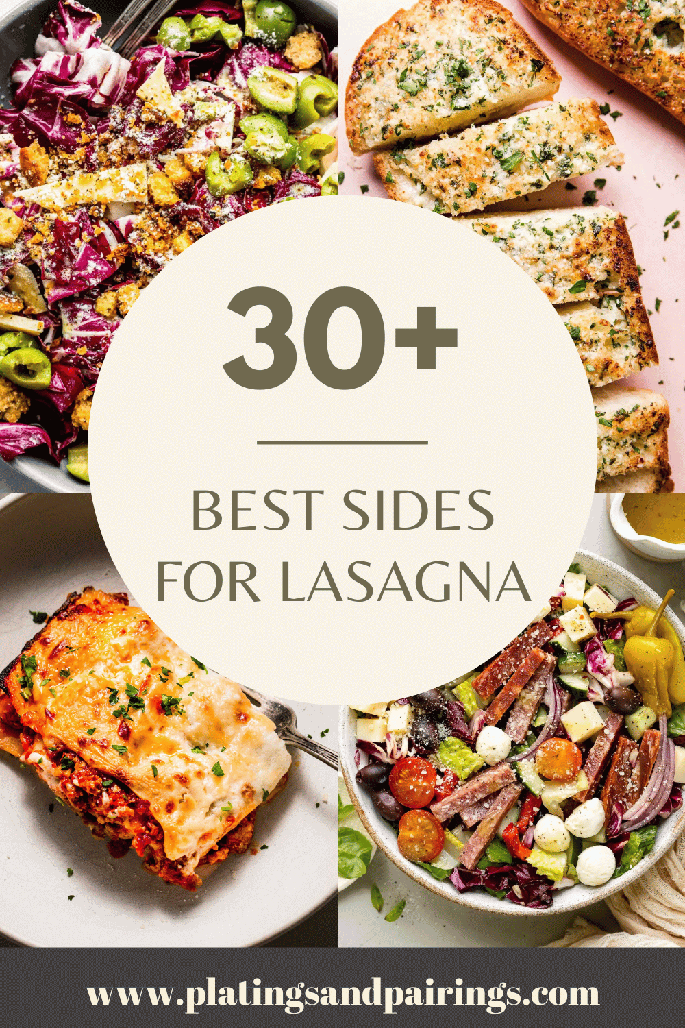 Collage of side dishes for lasagna with text overlay - best sides for lasagna.