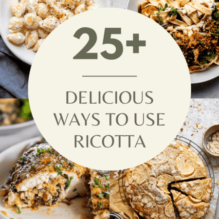 Collage of dishes that use ricotta with text overlay.