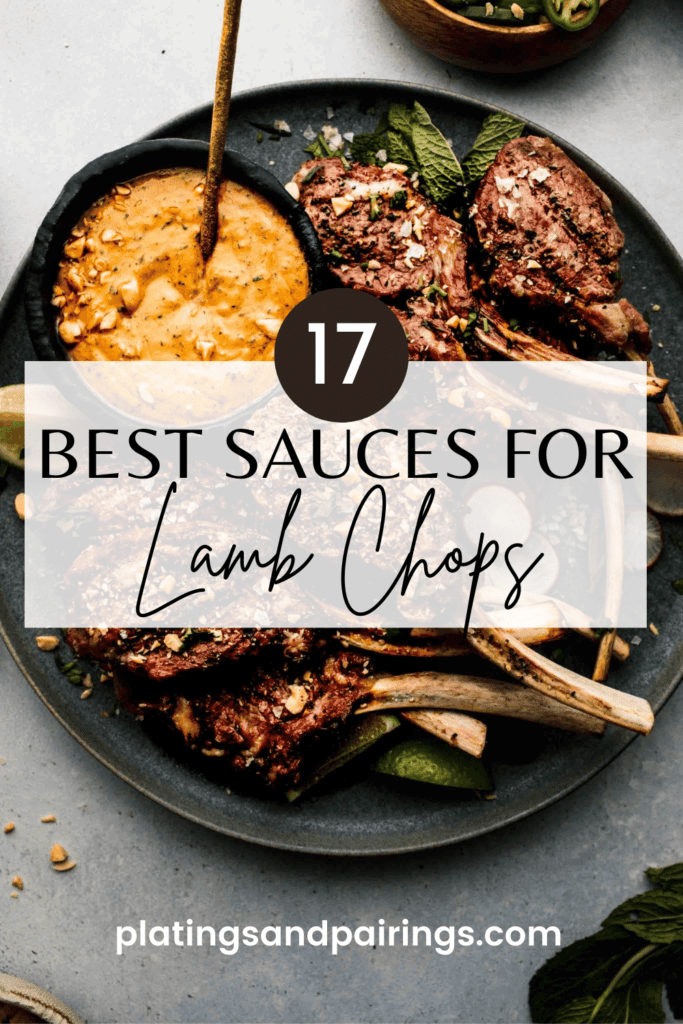 Lamb chops with peanut sauce with text overlay - best sauces for lamb chops.